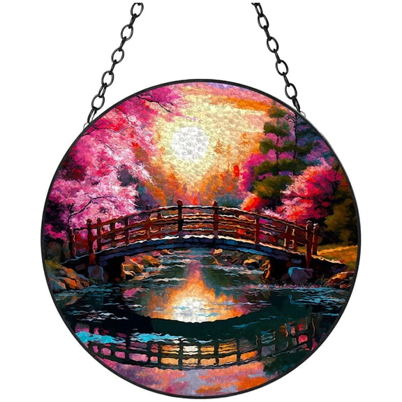 Natural Landscape Bridge and Cherry Tree Stained Glass Suncatcher Handmade Window Hanging Colored Glass Suncatcher Crafts Kits for Indoor Garden Decor Memorial Gift 16x16cm