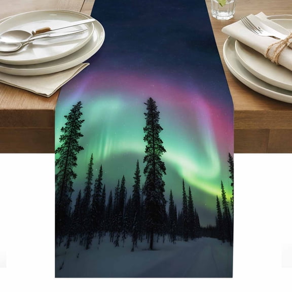 Natural Landscape Cotton Linen Table Runner Romantic Fantasy Auroras Vibrant Forest Snowfields Dining Table Runners for Home Decor Party Dining Room Restaurant Kitchen Party 13" x 36"