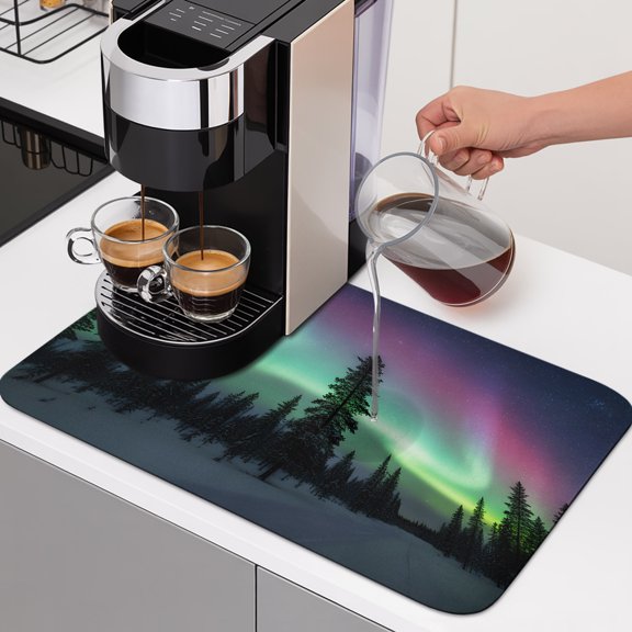 Natural Landscape Dish Drying Mats for Kitchen Counter, Romantic Fantasy Auroras Vibrant Forest Snowfields Absorbent Coffee Bar Mat with Non-slip Rubber Backed Quick Drying Dish Rack Pad 16"x18"