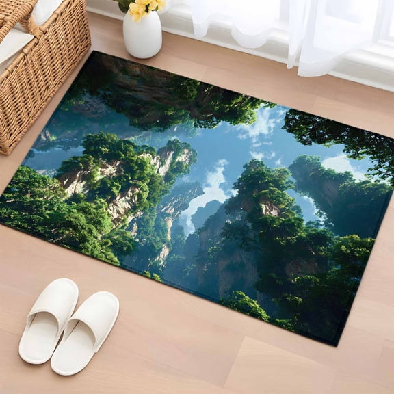 Natural Landscape Entryway Rug 2'x3' Trees Shrubs Mountains Clouds Sky Forests Small Area Rug Non-Slip Front Door Mat Washable Floor Carpet for Indoor Entrance Kitchen Bathroom