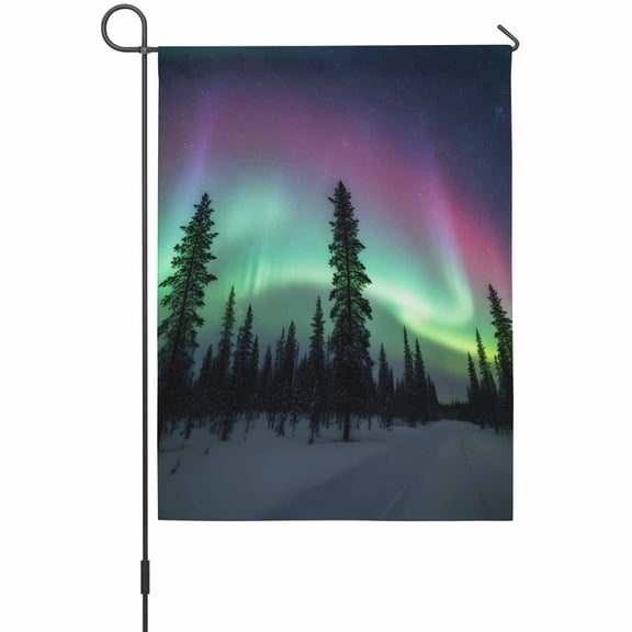 Natural Landscape Garden Flag 12 x 18 Inches, Romantic Fantasy Auroras Vibrant Forest Snowfields Weather Proof Outdoor Patio Flags Double Sided Small Garden Decoration for Yard Outside Home