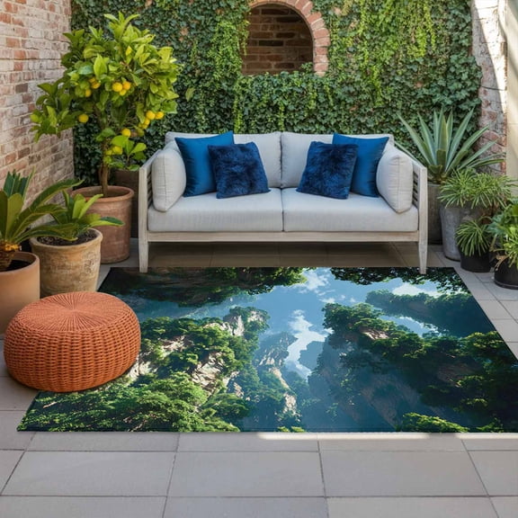 Natural Landscape Indoor Outdoor Rugs 4x6 Ft, Trees Shrubs Mountains Clouds Sky Forests Outdoor Patio Rugs Mat Washable Outside Area Rugs Carpet for Porch Deck RV Camping Pool Balcony Backyard