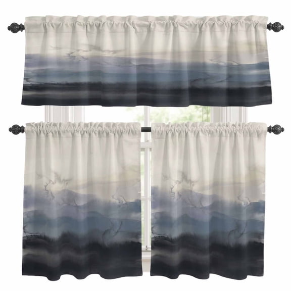 Natural Landscape Kitchen Curtains Set for Windows, Pastoral Mountain Country Cloud Field Gradient Color Curtains Valance and Tier 3 Piece Set Small Drapes 24 Inch Length for Kitchen Bedroom Decor