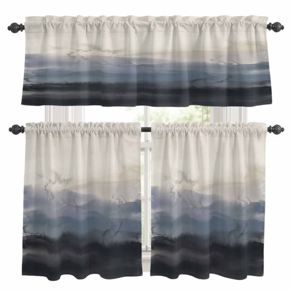 Natural Landscape Kitchen Curtains Valances and Tiers Set of 3 Pastoral Mountain Country Cloud Field Gradient Color Tier Curtains and Valance with Rod Pocket for Small Windows, 27.5"x24"
