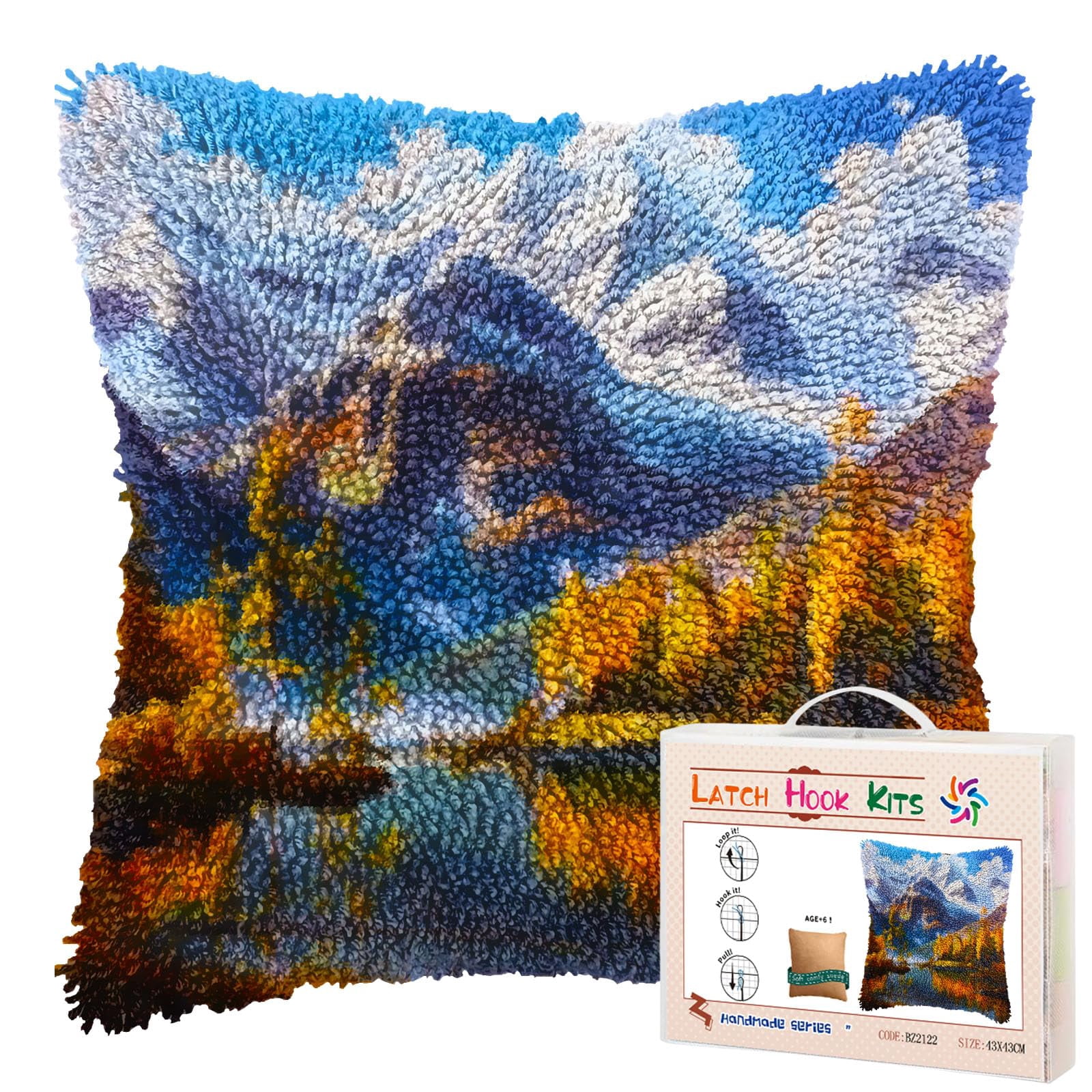 Natural Landscape of Lake Mountain DIY Latch Hook Pillow Kits for Adults Printed Pillowcase Crochet Yarns Hooking Handmade Pillow Cover Cushion for Home Sofa Decoration 17x17inch(1)