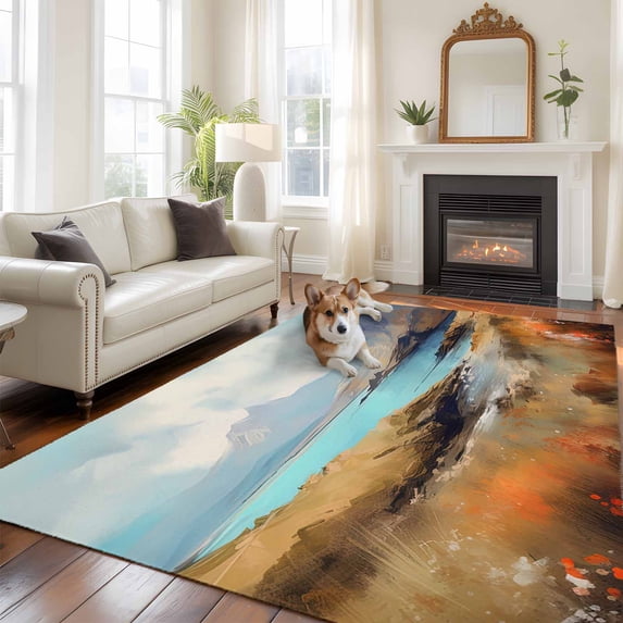 Natural Landscape Large Area Rugs 8x10 ft Mountain Cloud and River Washable Rug Non Slip Indoor Carpet Absorbent Floor Mat for Living Room Bedroom Dining Room