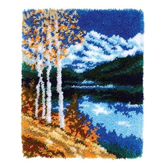 Natural Landscape River Tree Latch Hook kits Rug Printed Canvas DIY Handmade Carpet Crochet Yarn Embroidery Needlework Hook Latch Kit Tapestry Rug Cover Christmas Home Decoration 50x38cm