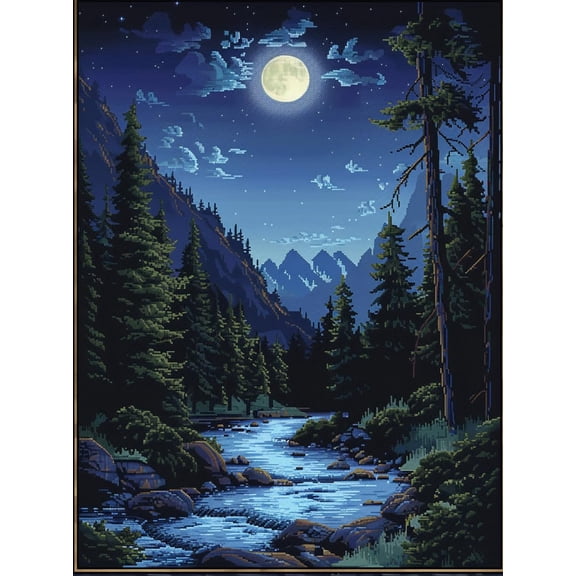 Natural Landscape of River Trees Night Moon DIY 11CT Stamped Cross Stitch Kits for Beginners Easy Needlepoint Embroidery Counted Cross Stitch Art Craft for Wall Decoration 12x16inch(10)