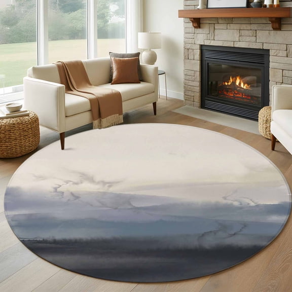 Natural Landscape Round Living Room Rugs 5 ft, Pastoral Mountain Country Cloud Field Gradient Color Area Rug with Non-Slip Sturdy Edge Binding Round Carpet for Entryway Kitchen Bedroom Bathroom