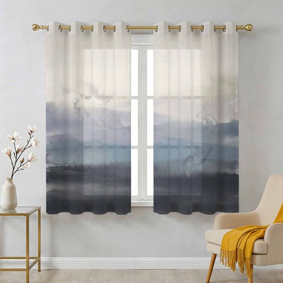 Natural Landscape Sheer Curtains 39 Inch Long 2 Panels, Pastoral Mountain Country Cloud Field Gradient Color Light Filtering Semi Sheer Drapes Grommet Voile Curtain for Living Bedroom W27.9 x L39