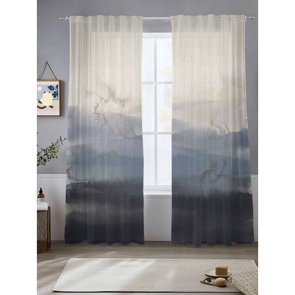 Natural Landscape Sheer Curtains 84 inches Long, Pastoral Mountain Country Cloud Field Gradient Color Light Filtering Sheer Window Curtains Rod Pocket Voile Drapes for Bedroom Living Room, 2 Panels