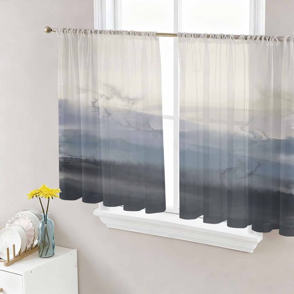 Natural Landscape Sheer Curtains for Living Room Bedroom, Pastoral Mountain Country Cloud Field Gradient Color Light Filtering Sheer Curtain Rod Pocket Voile Window Treaments Drapes, 52 x 45 Inches