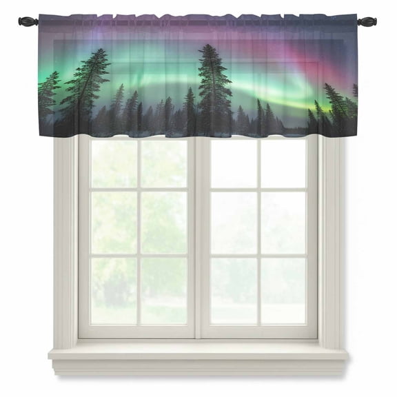 Natural Landscape Sheer Valances for Windows, Romantic Fantasy Auroras Vibrant Forest Snowfields Semi Sheer Kitchen Valance Rod Pocket Small Voile Window Curtains for Living Room Bedroom 42 x 12 Inch