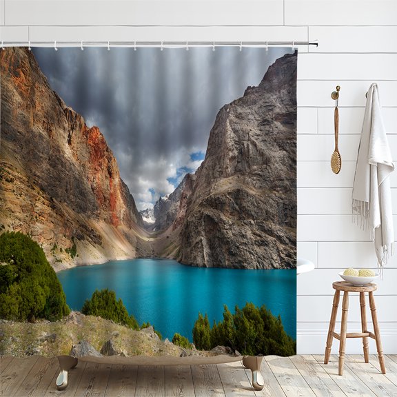 Natural Landscape Shower Curtain Mountains Forest River Summer Sky Polyester Fabric Screen