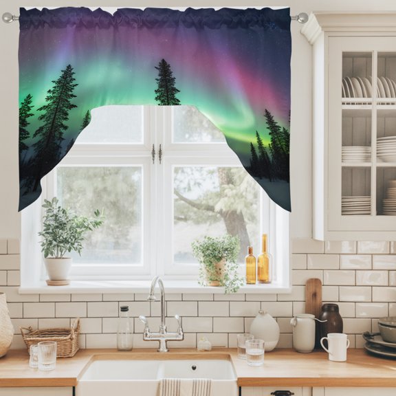 Natural Landscape Swag Curtain Valance for Windows, Romantic Fantasy Auroras Vibrant Forest Snowfields Swag Curtains Drapes Rod Pocket for Kitchen Bathroom Small Window, 1 Panel 56x36in