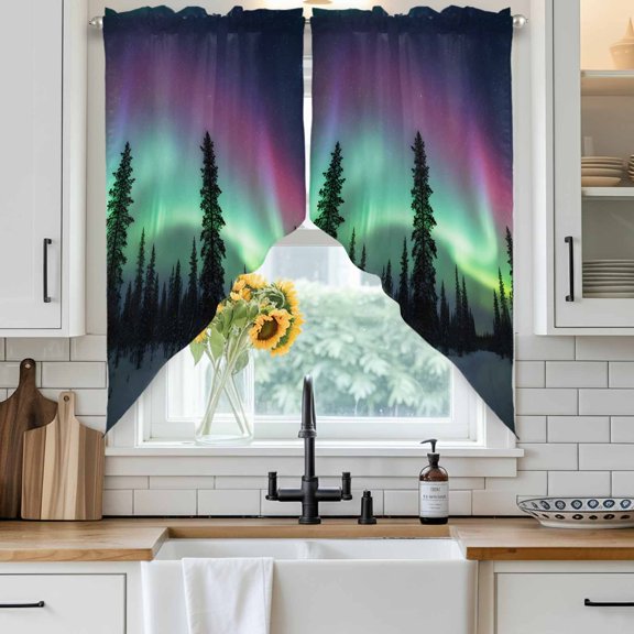 Natural Landscape Swag Curtain Valance for Windows, Romantic Fantasy Auroras Vibrant Forest Snowfields Window Treatments Short Swag Topper for Kitchen Windows Bathroom Bedroom, 36"x63"