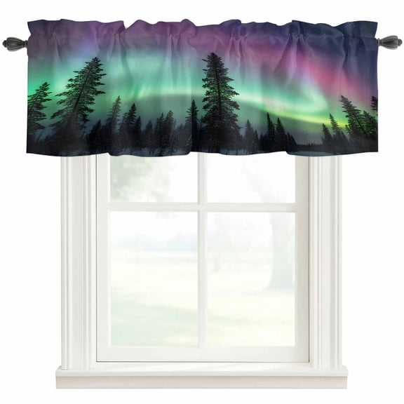 Natural Landscape Valances for Windows Romantic Fantasy Auroras Vibrant Forest Snowfields Rod Pocket Curtain Valance Window Treatment Short Curtains for Kitchen Living Room, 42"x18"