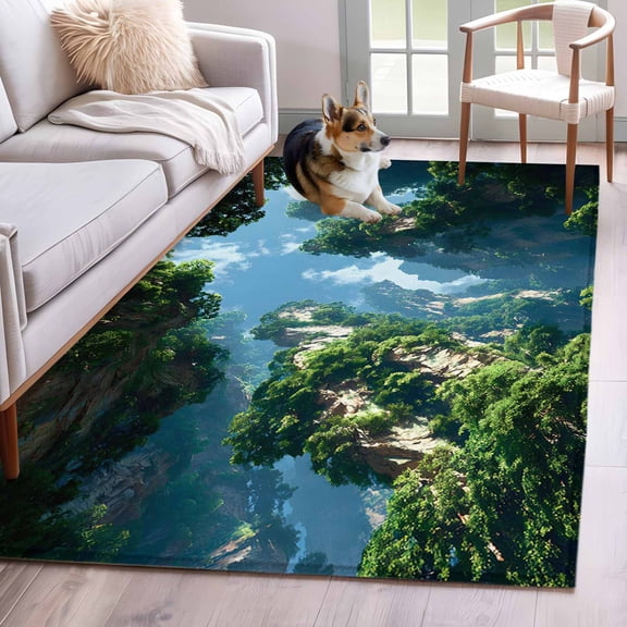 Natural Landscape Washable Area Rug 4 x 6 ft Trees Shrubs Mountains Clouds Sky Forests , Soft Non Slip Rugs Stain Repellent Indoor Felt Carpet for Living Dining Room Bedroom Home Office