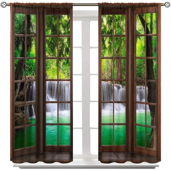 Natural Landscape Window Curtains, Spring Forest Waterfall Nature Scenery Print Bedroom Living Room Kitchen Window Treatments Drapes 42"W x 84"L (Pack of 2)