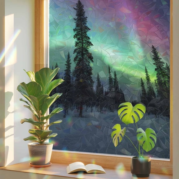 Natural Landscape Window Privacy Film, Romantic Fantasy Auroras Vibrant Forest Snowfields Stained Glass Rainbow Film Decorative Window Clings, Static Cling Sun Blocking Stickers 17.7" x 39.3"
