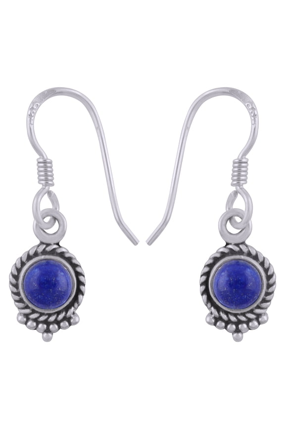 Natural Lapis 5mm Cabochon Round Shape Gemstone Surrounded by Twisted Wire & Rawa Work Handmade 925 Sterling Solid Silver Dangle Earrings