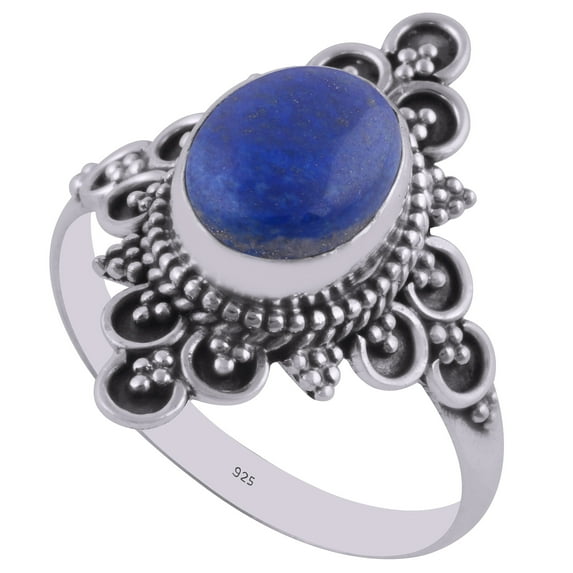 Natural Lapis 8x10mm Cabochon Oval Shape Gemstone Surrounded By Oxidised Alluring Rawa Work Pattern Handmade 925 Sterling Solid Silver Split Shank Ring For Women