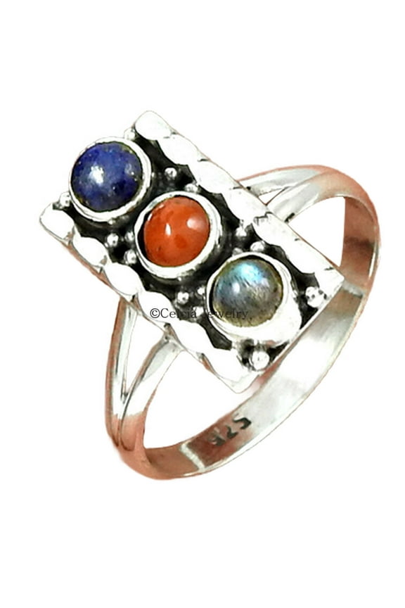 Natural Lapis, Coral & Labradorite Gemstone Handmade Ring For Women, Real 925 Sterling Silver Fine Jewelry, Stackable Stacking Multitone Ring, Cocktail Ring, Jun Birthstone, Mothers Day Gifts (7)