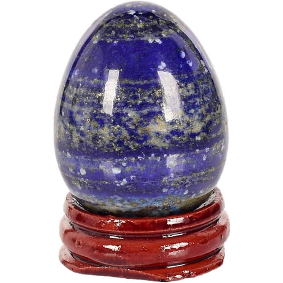 Natural Lapis Lazuli Carved Egg Crystal Figurine with Wood Stand Chakra Healing Reiki Stone Sculpture for Home Decor, Meditation, Office Desk Ornament & Spiritual Gift (Approx. 1"x1.7")