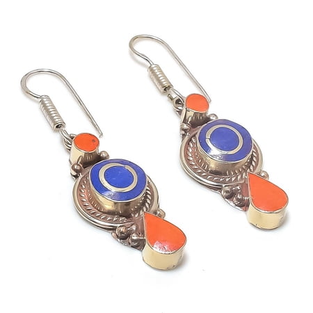 Natural Lapis Lazuli, Coral 925 Sterling Silver Jewelry Earring 2.21"