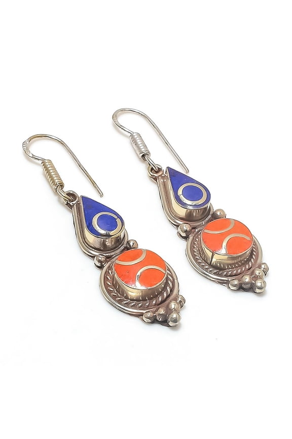 Natural Lapis Lazuli, Coral 925 Sterling Silver Jewelry Earring 2.36"