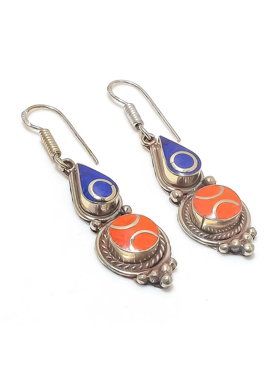 Natural Lapis Lazuli, Coral 925 Sterling Silver Jewelry Earring 2.36"