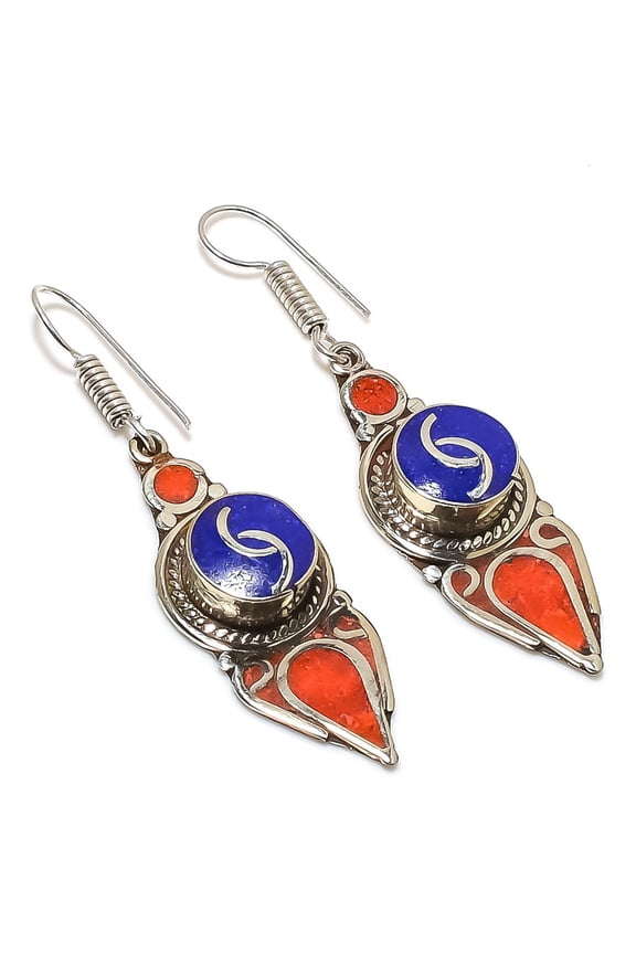 Natural Lapis Lazuli, Coral Gemstone Handmade Jewelry Earring 2.40"