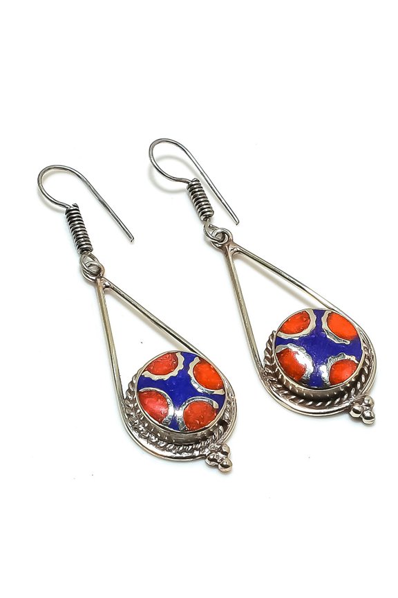 Natural Lapis Lazuli, Coral Gemstone Handmade Jewelry Earring 2.44"