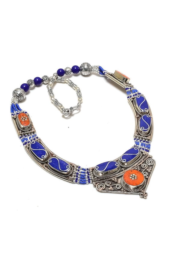 Natural Lapis Lazuli, Coral Gemstone Handmade Jewelry Necklace 18"