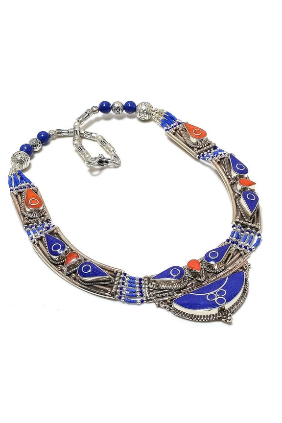 Natural Lapis Lazuli, Coral Gemstone Handmade Jewelry Necklace 18"
