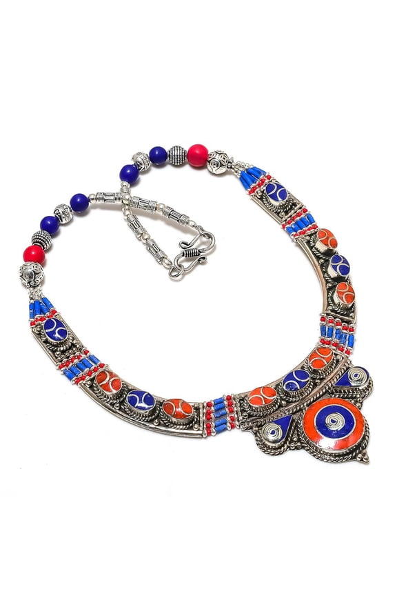 Natural Lapis Lazuli, Coral Gemstone Handmade Jewelry Necklace 18"