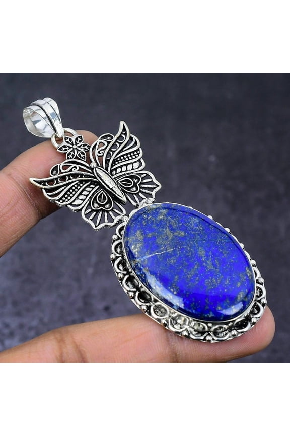 Natural Lapis Lazuli Gemstone 925 Steling Silver Jewelry Pendant 3.27"
