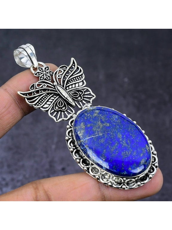 Natural Lapis Lazuli Gemstone 925 Steling Silver Jewelry Pendant 3.27"