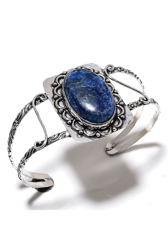 Natural Lapis Lazuli Gemstone 925 Sterling Silver Cuff Bangle Adjustable