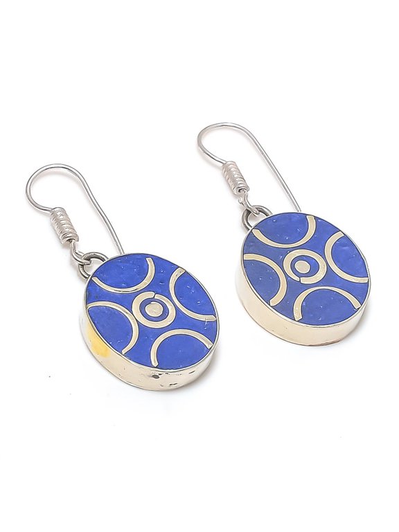 Natural Lapis Lazuli Gemstone 925 Sterling Silver Jewelry Earring 1.46"