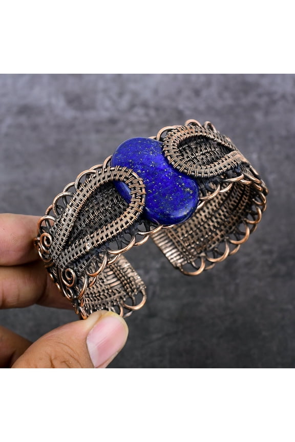 Natural Lapis Lazuli Gemstone Copper Wire Wrap Cuff Bangle Adjustable