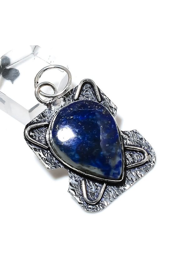 Natural Lapis Lazuli Gemstone Handmade 925 Sterling Silver Pendant 1.85"