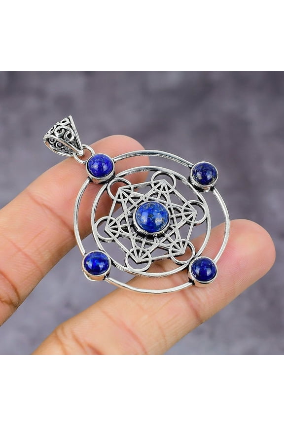 Natural Lapis Lazuli Gemstone Handmade 925 Sterling Silver Pendant 2.17"