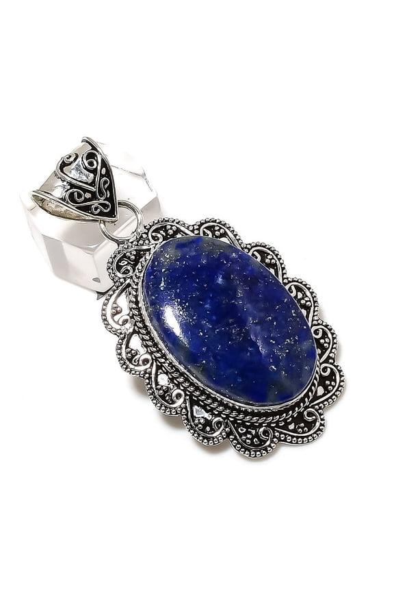 Natural Lapis Lazuli Gemstone Handmade 925 Sterling Silver Pendant 2.32"