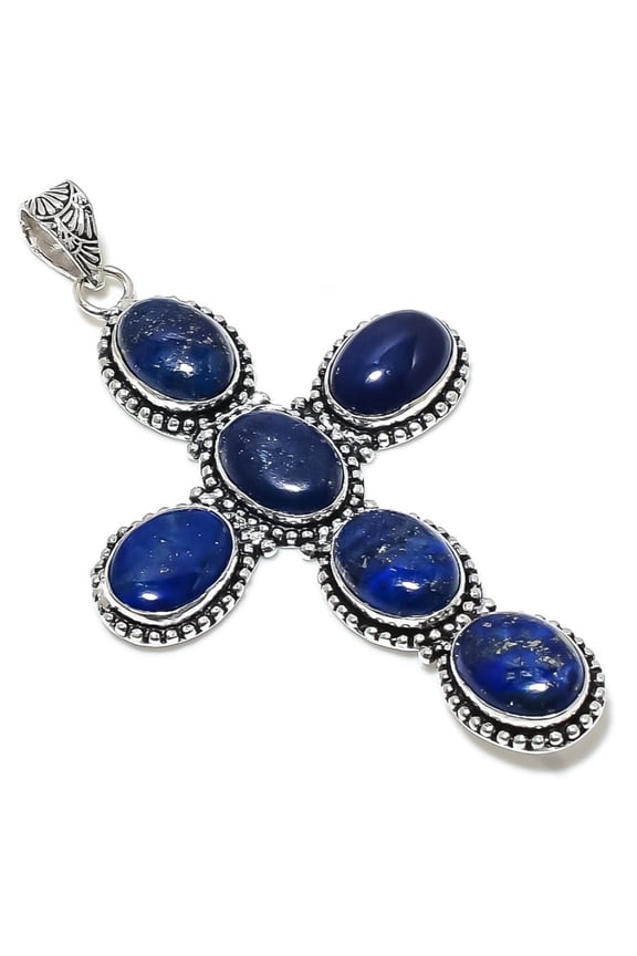 Natural Lapis Lazuli Gemstone Handmade 925 Sterling Silver Pendant 3.74"