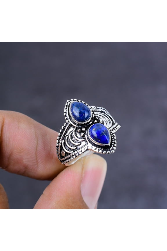 Natural Lapis Lazuli Gemstone Handmade 925 Sterling Silver Ring Size 7