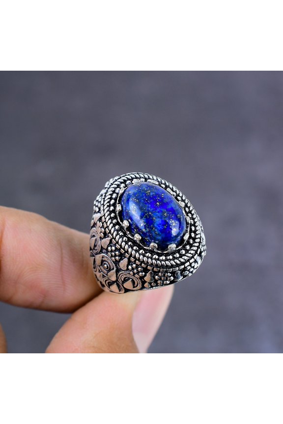 Natural Lapis Lazuli Gemstone Handmade 925 Sterling Silver Ring Size 8