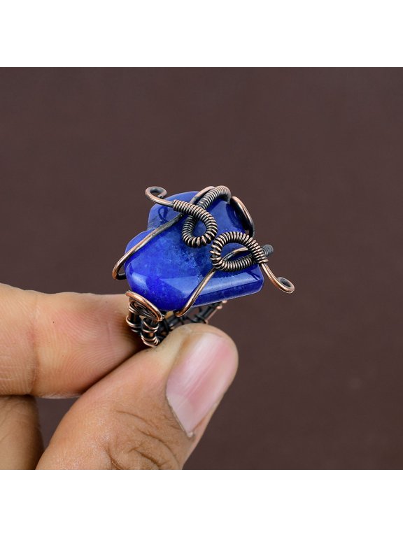 Natural Lapis Lazuli Gemstone Handmade Copper Wire Wrap Gift Ring Size 4