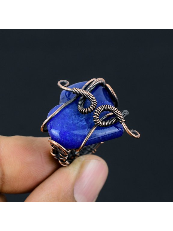 Natural Lapis Lazuli Gemstone Handmade Copper Wire Wrap Gift Ring Size 4