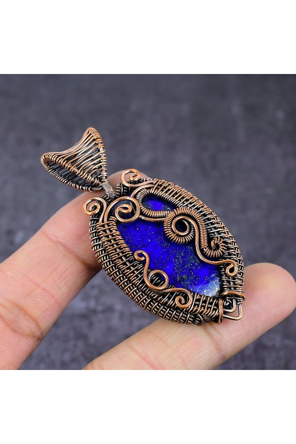 Natural Lapis Lazuli Gemstone Handmade Copper Wire Wrap Pendant 2.6"